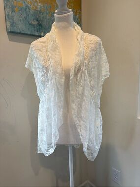 White Lace Draped Open Front Cardigan